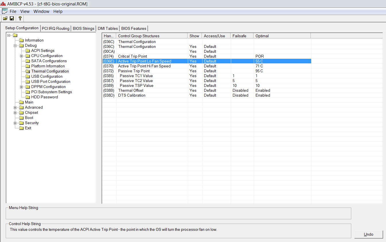 Now open AMIPCB and go to "File/Open" and select the file which u created with AFUWIN on the thumb drive. Then go to this point Debug/ThermalConfiguration/ActiveTripPointLOFanSpeed and set it to 55. This is where ur fan comes to idle.